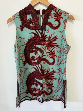 Vintage Harari Silk Asian Dragon Sleeveless Dragon-Print Blouse Aqua & Orange